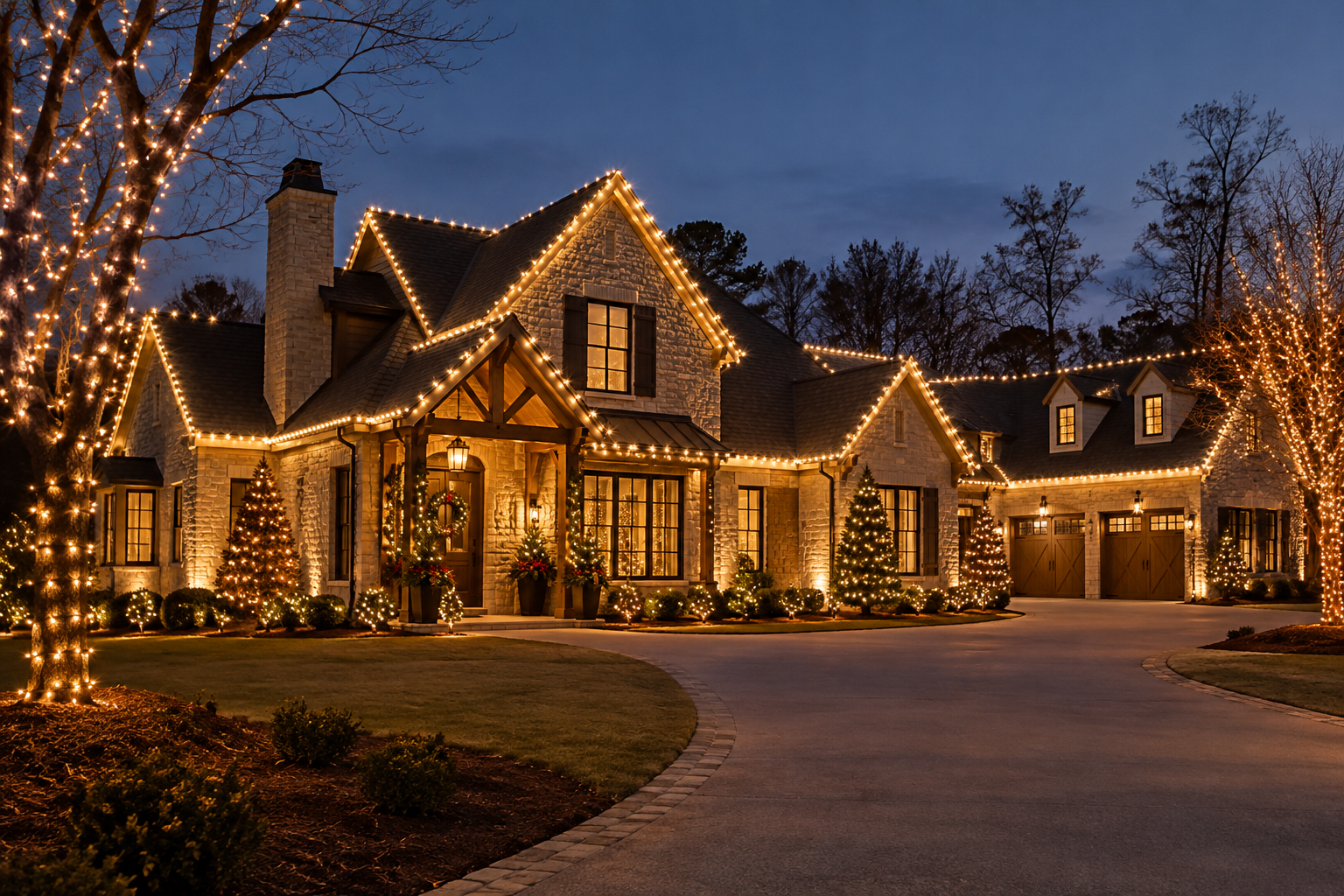 Holiday lighting inspiration featuring a house, trees, and landscaping. This is not a completed Fabbri Holiday Lighting project.
